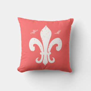 Coral pink Fleur de lis monogram throw pillow