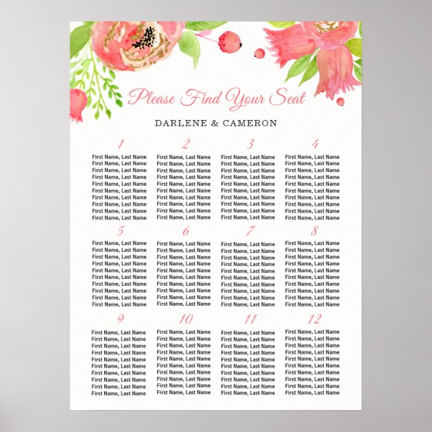 Coral Pink Floral 12 Tables Wedding Seating Chart