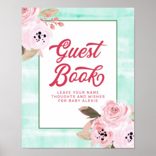 Coral Pink Floral Baby Shower Guest Book Sign