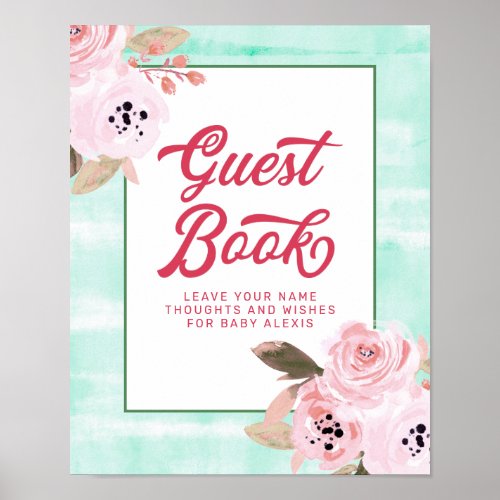 Coral Pink Floral Baby Shower Guest Book Sign