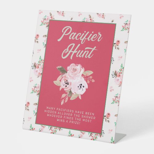 Coral Pink Floral Baby Shower Pacifier Hunt Game Pedestal Sign