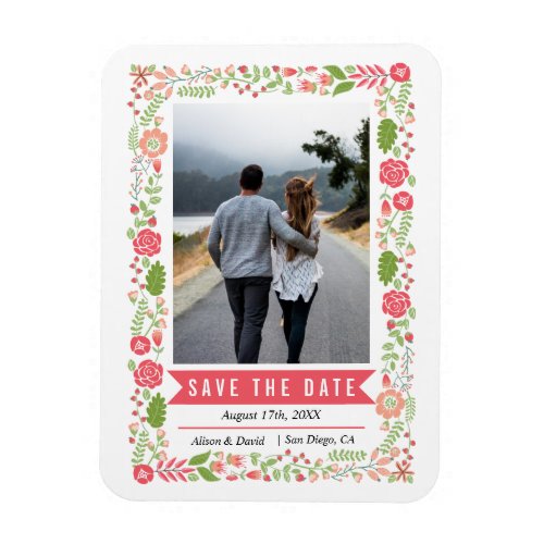 Coral pink floral border green Save the Date Magnet