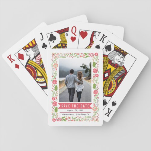 Coral pink floral border green Save the Date Playing Cards