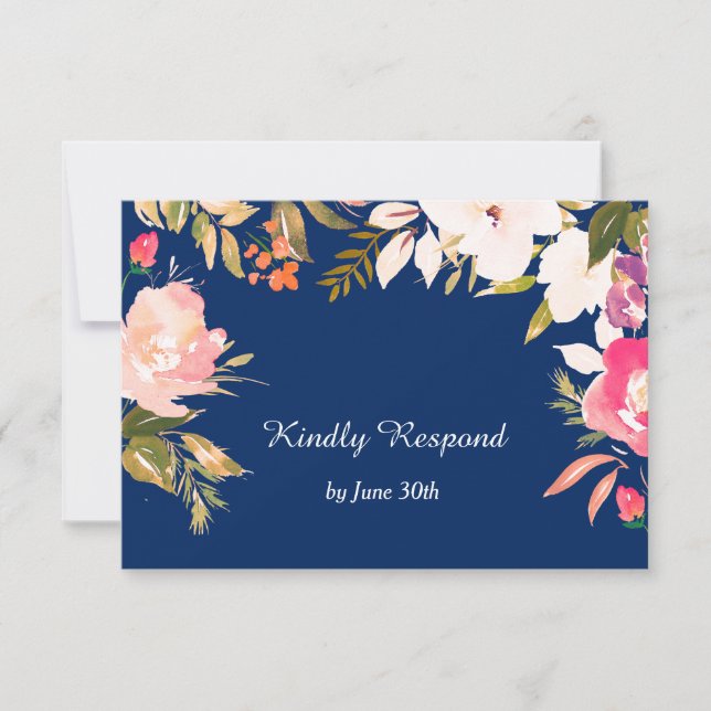 Coral Pink Floral Border Navy Blue Wedding RSVP (Front)
