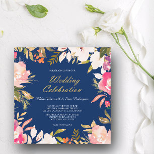 Coral Pink Floral Border on Navy Blue Wedding Invitation