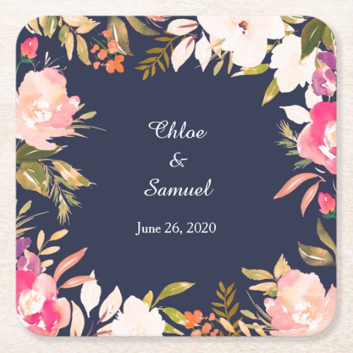 Coral Pink Floral Border on Navy Blue Wedding Square Paper Coaster
