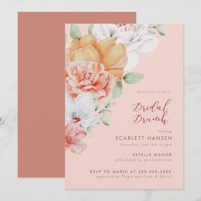 Coral Pink Floral Bridal Brunch Shower Invitation (Front/Back)