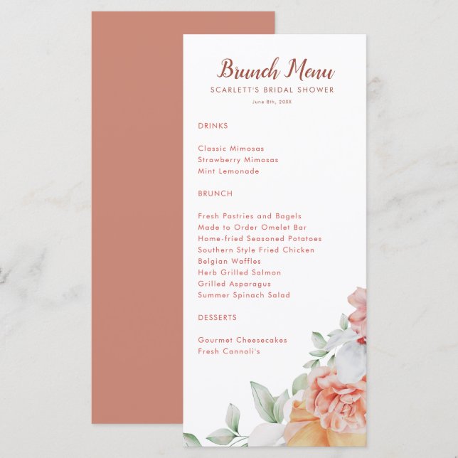 Coral Pink Floral Bridal Brunch Shower Menu (Front/Back)