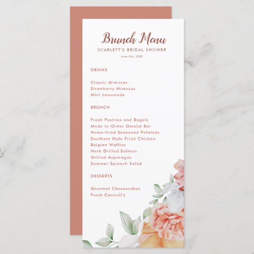 Coral Pink Floral Bridal Brunch Shower Menu