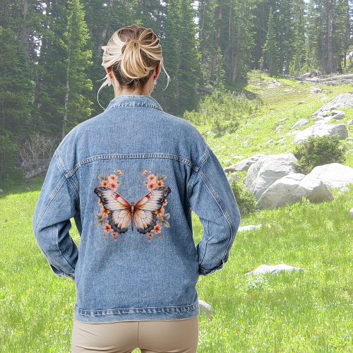 Coral Pink Floral Butterfly Denim Jacket