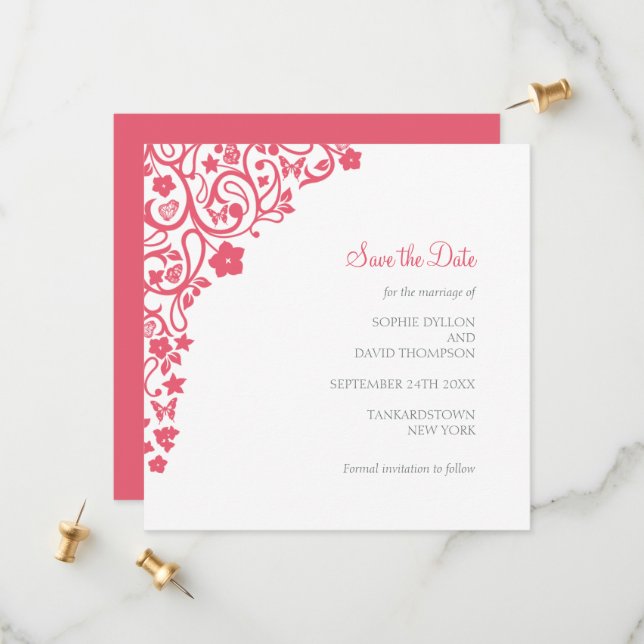 Coral Pink Floral Butterfly Garden Square Wedding Save The Date (Front/Back In Situ)