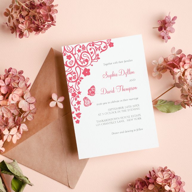 Coral Pink Floral Butterfly Garden Wedding Invitation (Creator Uploaded)