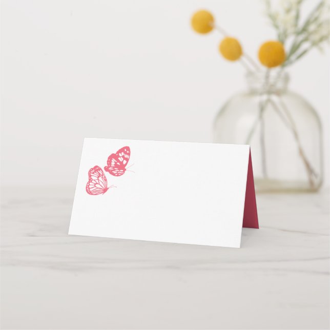 Coral Pink Floral Butterfly Garden Wedding Place Card (Front)