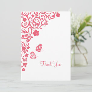 Coral Pink Floral Butterfly Garden Wedding Thank You Card