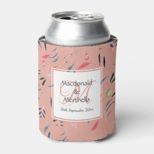 CORAL PINK Floral Custom Monogram Wedding Keepsake Can Cooler (Can Front)