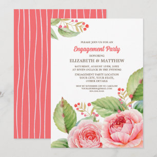 Coral Pink Floral Engagement Party  Invitation