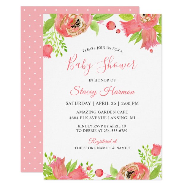 Coral Pink Floral Garden Watercolor Baby Shower Invitation