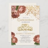 Coral Pink Floral Gold Glitter Quinceañera   Invit Invitation (Front/Back)