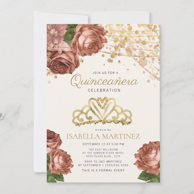 Coral Pink Floral Gold Glitter Quinceañera   Invit Invitation (Front)