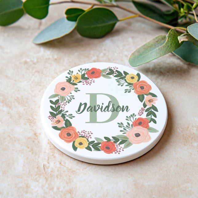 Coral Pink Floral Greenery Monogram Name Coaster (Creator Uploaded)