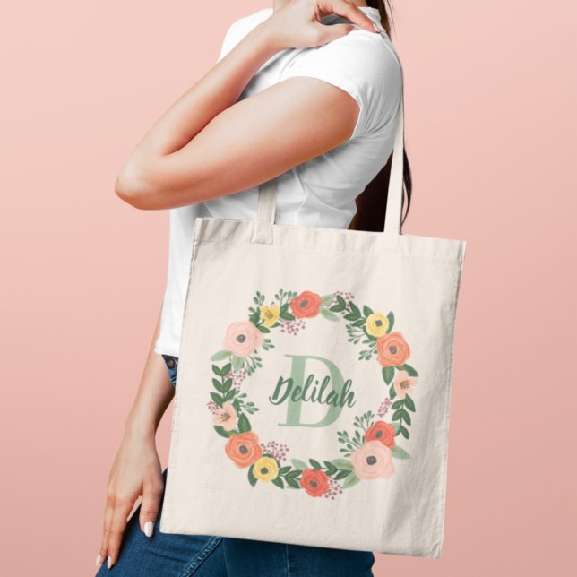 Coral Pink Floral Greenery Monogram Name Tote Bag (Creator Uploaded)