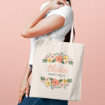 Coral Pink Floral Greenery Wedding Bridesmaid Tote Bag<br><div class="desc">Whimsical floral custom tote bag design features a wreath of beautiful watercolor flowers and greenery] that frames a custom monogram name in peachy pink modern script, along with dark gray custom text with their bridal party title. Colors include blush pink, coral orange, yellow, and violet flowers with lush sage and...</div>