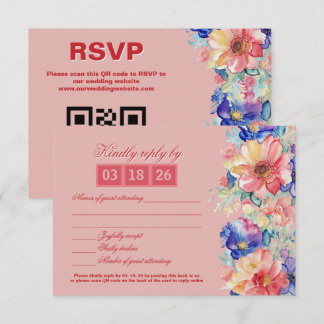 Coral Pink Floral Modern Wedding RSVP Card