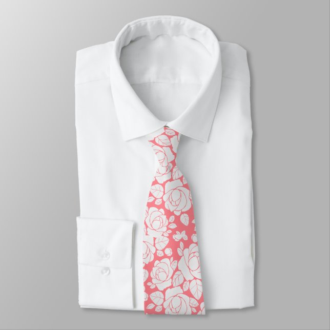 Coral Pink Floral Rose Wedding Neck Tie (Tied)