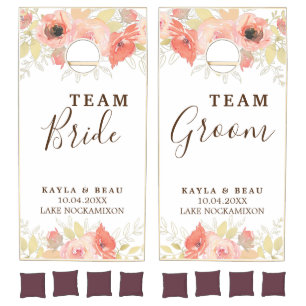 Coral Pink Floral Team Bride & Groom Wedding Cornh Cornhole Set