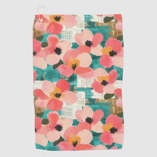 Coral Pink Floral Turquoise Vintage Golf Towel