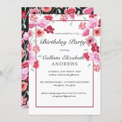 Coral Pink Floral Watercolor Birthday Party Invitation