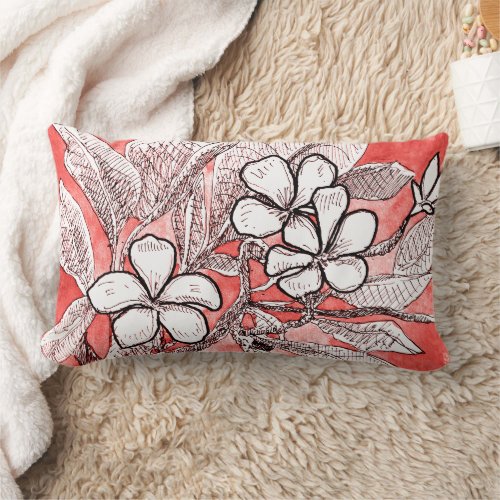 Coral Pink Floral Watercolor Family Name Monogram  Lumbar Pillow
