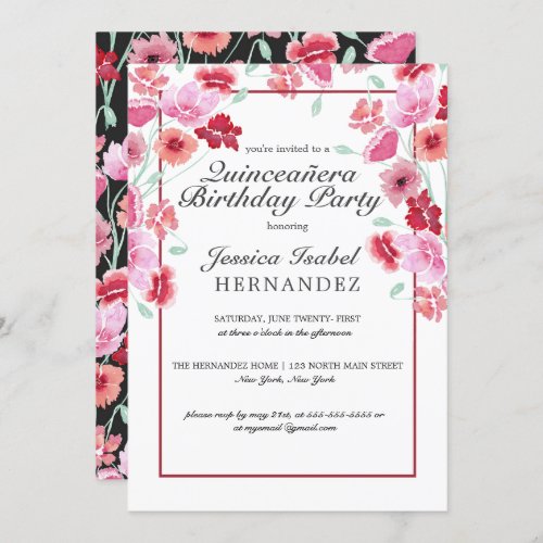 Coral Pink Floral Watercolor Quinceaera Birthday Invitation