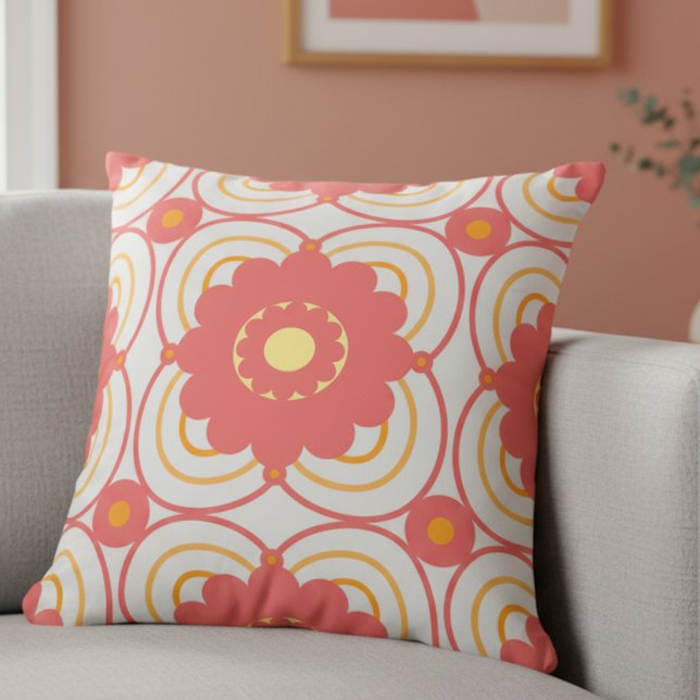 Coral Pink Flower Throw Pillow (Hand‑drawn and mid‑century inspired, perfect for a soft‑color statement.)