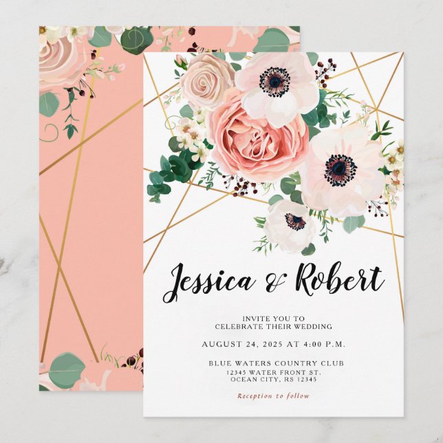 Coral Pink Flowers Elegant Wedding Invitation (Front/Back)