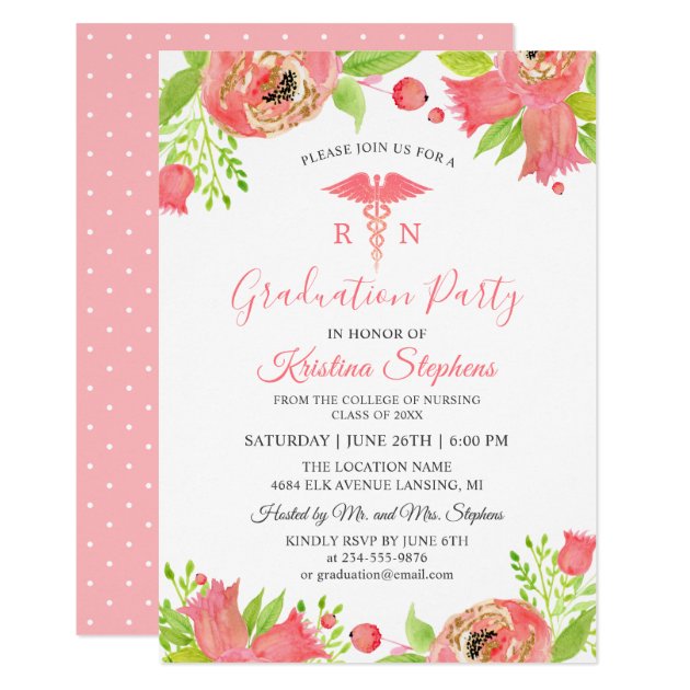 Coral Pink Flowers Nursing School Graduation Party Invitation