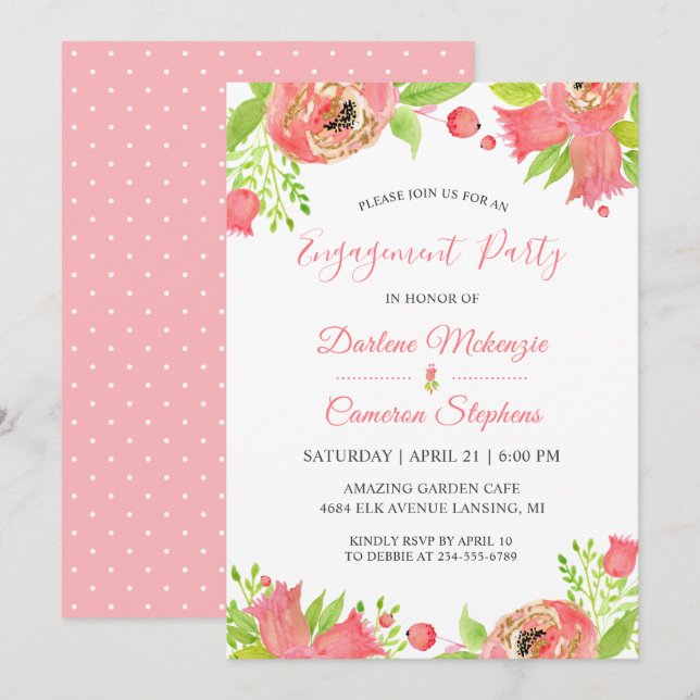Coral Pink Flowers Spring Garden Engagement Party Invitation (Front/Back)