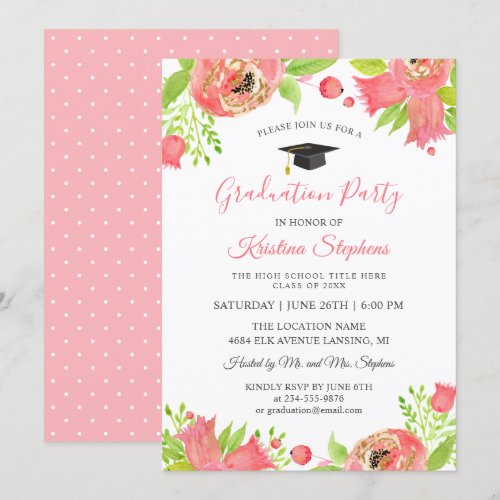 Coral Pink Flowers Spring Garden Graduation Party Card