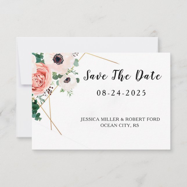 Coral Pink Flowers Wedding Save The Date (Front)