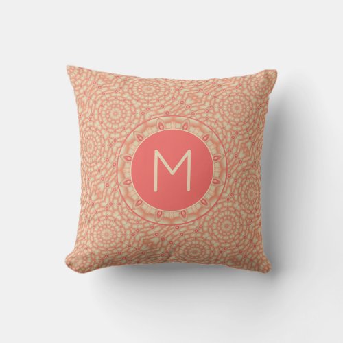 Coral Pink Gemstone Mandala Pattern Monogram Throw Pillow