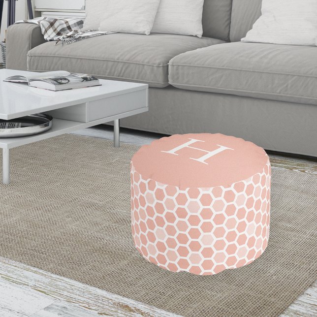 Coral Pink Geo Hexagon Pattern Monogram Pouf (Creator Uploaded)