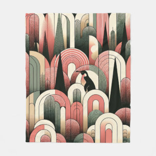 Coral Pink Geometric Abstract Art Deco Penguin Fleece Blanket