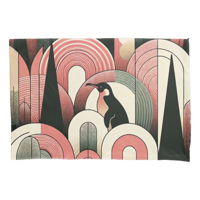Coral Pink Geometric Abstract Art Deco Penguin Pillow Case (Front)