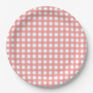 Coral Pink Gingham Paper Plates