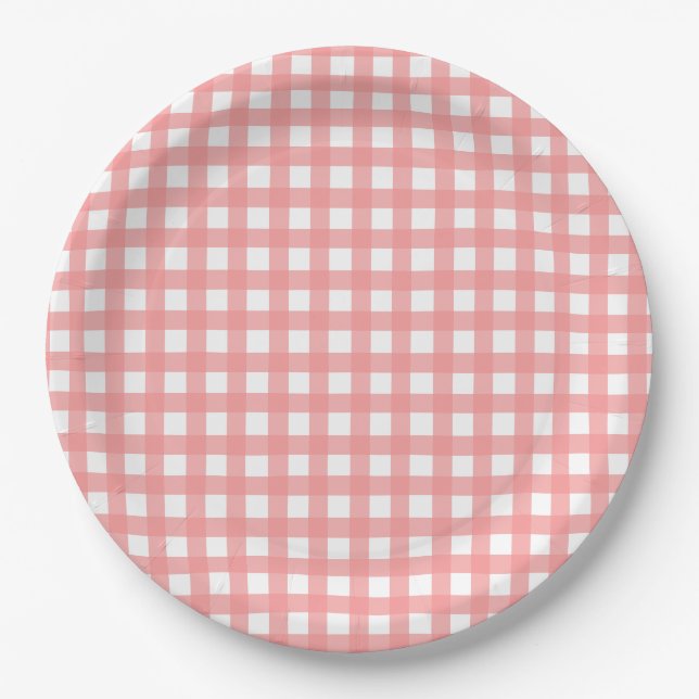 Coral Pink Gingham Paper Plates (Front)