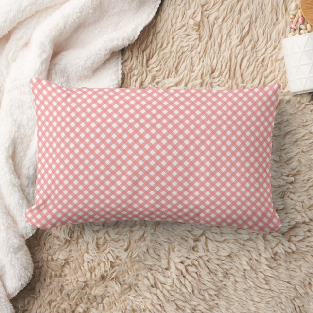 Coral Pink Gingham Pattern Lumbar Pillow (Blanket)