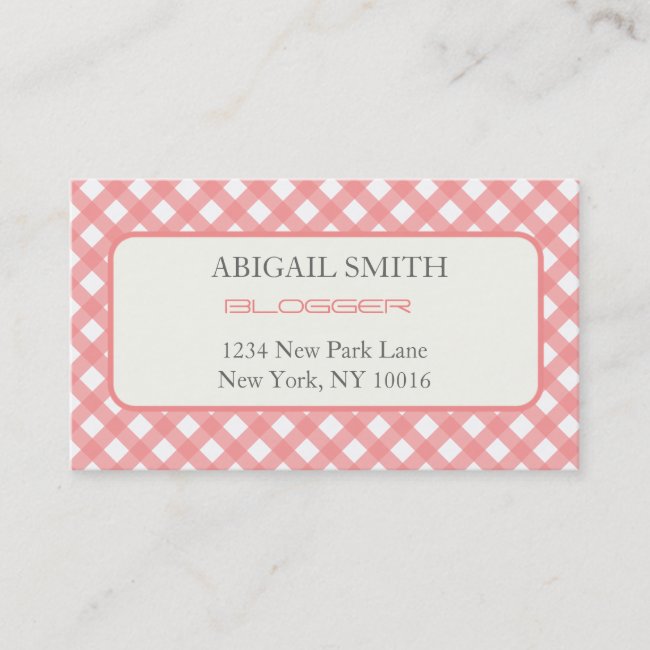Coral Pink Gingham Print Business Card
