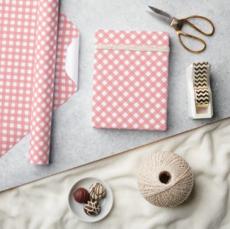Coral Pink Gingham Print Glossy Wrapping Paper