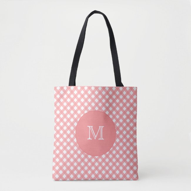 Coral Pink Gingham Print | Monogram Tote Bag