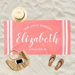 Coral Pink Girls Weekend Personalized Name Beach Towel<br><div class="desc">Personalized beach towel design for a girls' weekend vacation getaway features a custom first name in modern script writing framed by coastal stripes,  with custom text for the occasion. The pretty coral orange / pink background color can be modified. Please visit our shop for other color options.</div>